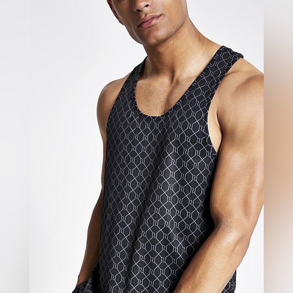 River Island Mens Black RI Monogram Racer Slim Fit Mesh Tank Top - Picture 3 of 5